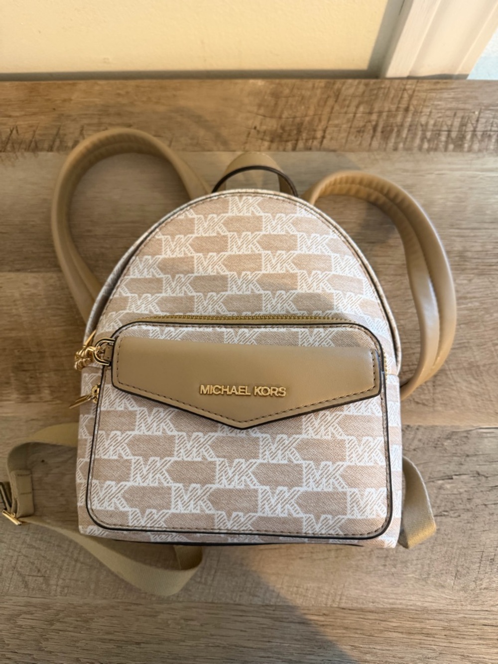 Michael Kors Taupe & White MK Monogram Mini Backpack